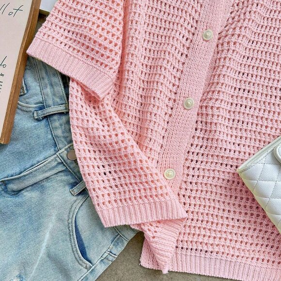 Pink Casual Women's Round Neck Short Sleeved Hollow Knitted Cardigan - Picture 6 of 9